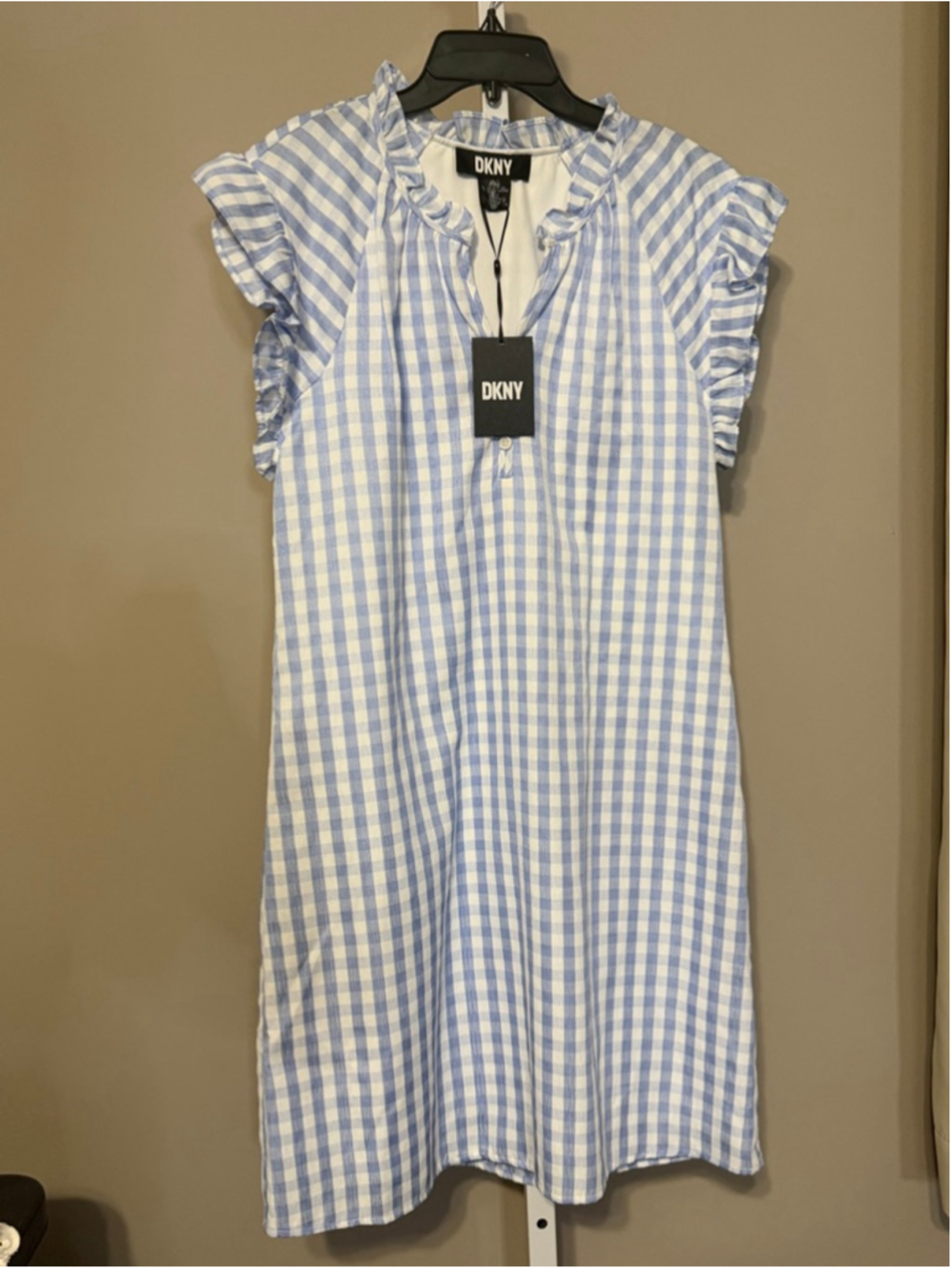 Women's DKNY Blue White Gingham Ruffle Sleeve Mini Dress S